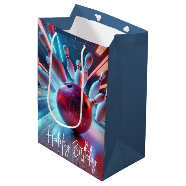 Birthday Red Bowling Ball Strike Mittlere Geschenktüte (Vorderseite Schrägansicht)