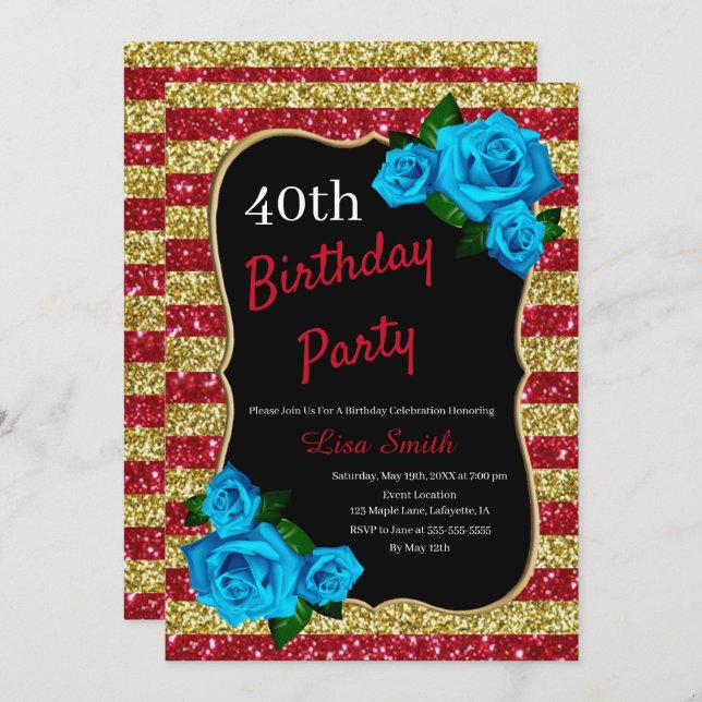 Birthday Red Gold Stripes Glitzer Blue Rose Einladung (Vorne/Hinten)
