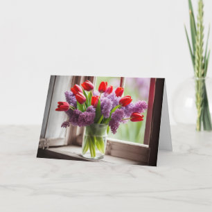 Birthday Red Tulip und Lilac Bouquet Karte