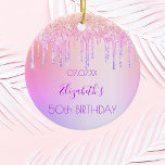 Birthday Regenbogen Glitzer rosa lila 50 Funkeln Keramik Ornament<br><div class="desc">Ein Ornament für einen mädchenhaften und glamourösen 50. Geburtstag (oder jedes Alter). Ein trendiger Regenbogenfarbener Hintergrund in lila, rosa und Rose Gold mit Imitaten Glitzer Tropfen, Tropffarbe Farbe aussehen als Dekoration. Personalisieren und fügen Sie einen Namen, Datum und Alter 50. Der Name ist mit einem modernen handgeschriebenen Stilskript geschrieben. Lila...</div>