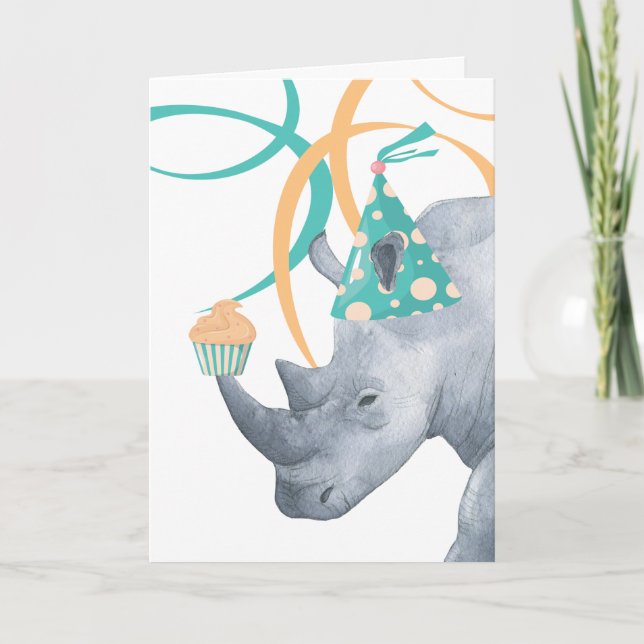 Birthday Rhino in Party Hat mit einem Cupcake am H Karte (Vorderseite)