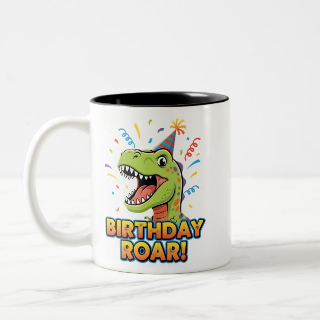 Birthday Roar Cute Dinosaur Birthday Party Design Zweifarbige Tasse (Links)