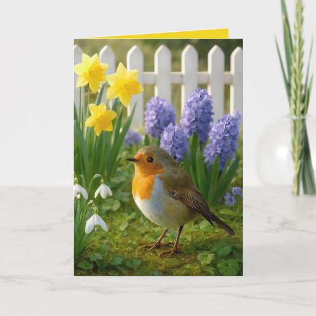 Birthday Robin in a Springtime Garden Karte (Vorderseite)