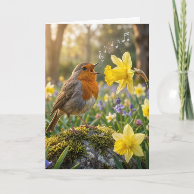 Birthday Robin Singing Into a Daffodil Karte (Vorderseite)