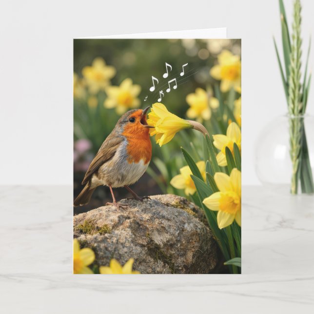 Birthday Robin Singing into a Spring Daffodil Karte (Vorderseite)