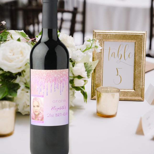 Birthday Rosa Glitzer Tropfen holografisches Foto Weinetikett (Von Creator hochgeladen)