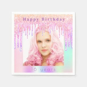 Birthday rosa lila Glitzer Tropfen Foto Serviette