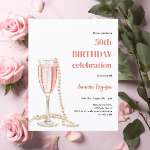 Birthday Rosa Schaumwein Perlen invirtation