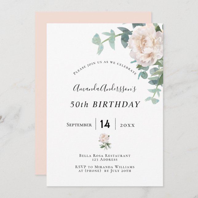 Birthday Rose Gold Blütenweiße Eleganz Einladung (Vorne/Hinten)