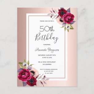Birthday Rose gold bordeauxfarben Einladung Postkarte