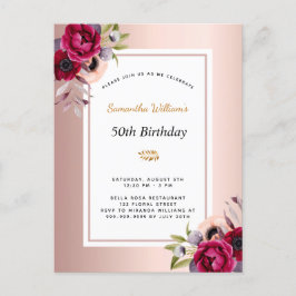 Birthday Rose gold bordeauxfarben Einladungspostkarte