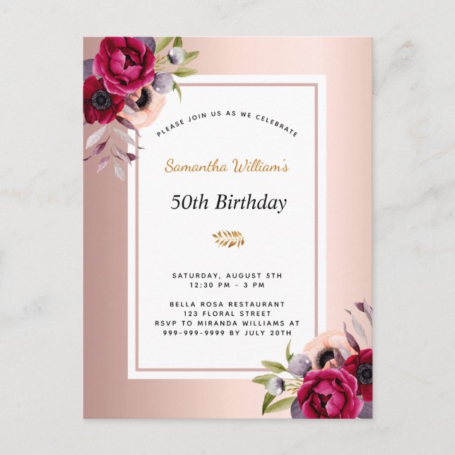Birthday Rose gold bordeauxfarben Einladungspostkarte (Vorderseite)