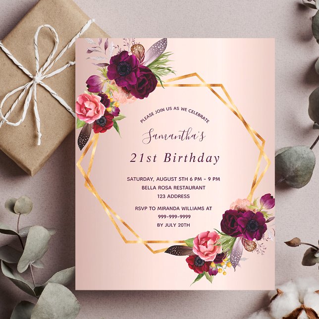 Birthday Rose Gold floralen bordeauxrot geo Einlad (Von Creator hochgeladen)