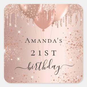 Birthday Rose Gold Glitzer Ballons Glattleder Quadratischer Aufkleber