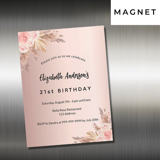 Birthday Rose Gold Pampas Gras Blumenluxus Magneteinladung (Von Creator hochgeladen)