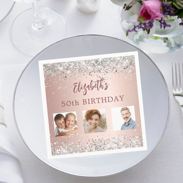 Birthday Rose Gold Silber Konfetti Foto Serviette (Von Creator hochgeladen)