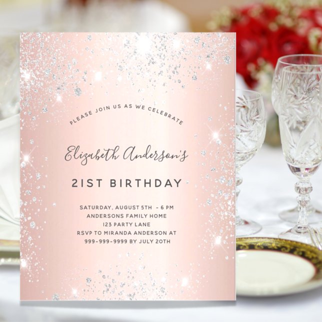 Birthday rose gold silver budget invitation (Von Creator hochgeladen)