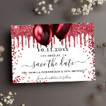 Birthday-Rot-Glitzer-Ballons Save the Date Ankündigungspostkarte<br><div class="desc">Ein schick weißer Hintergrund mit roten Imitaten Glitzer Tropfen und Ballons. Personalisieren und fügen Sie Datum und Name/Alter hinzu. Der Text: Save the Date ist mit einem großen angesagten,  handgeschriebenen Stilskript geschrieben.</div>