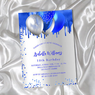 Birthday Royal Blue Silber Ballons Luxus Einladung