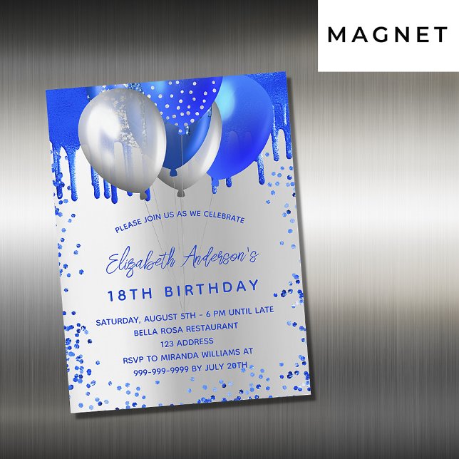 Birthday Royal Blue Silber Ballons Luxus Magneteinladung (Von Creator hochgeladen)