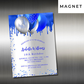 Birthday Royal Blue Silber Ballons Luxus Magneteinladung