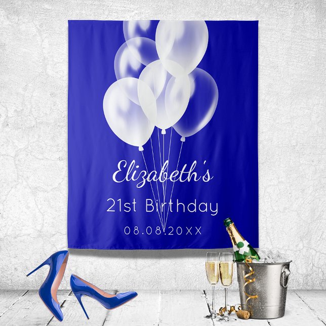 Birthday Royal Blue White Ballons Name Wandteppich (Von Creator hochgeladen)