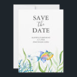 Birthday Save The Date Cards Fish<br><div class="desc">These birthday save the date cards feature a bottom boarder of tropical fish and ocean botanicals. The words "Save the Date" are typeset in charcoal grey over a crisp white background. Use the template fields to add you custom details. The card reverses to a matching color. A charming choice for...</div>