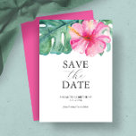 Birthday Save The Date Cards Tropical Theme<br><div class="desc">These birthday save the date cards feature a top boarder of elegant watercolor tropical flowers and monstera palm leaves. The words "Save the Date" are typeset in charcoal grey over a crisp white background. Use the template fields to add you custom details. The card reverses to a matching vibrant pink...</div>