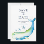 Birthday Save The Date Cards Whale<br><div class="desc">These birthday save the date cards feature a bottom boarder of a blue whale and starfish. The words "Save the Date" are typeset in navy blue over a crisp white background. Use the template fields to add you custom details. The card reverses to a matching color. A charming choice for...</div>