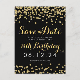 Birthday Save the Date Gold Glitzer Confetti Black Ankündigungspostkarte