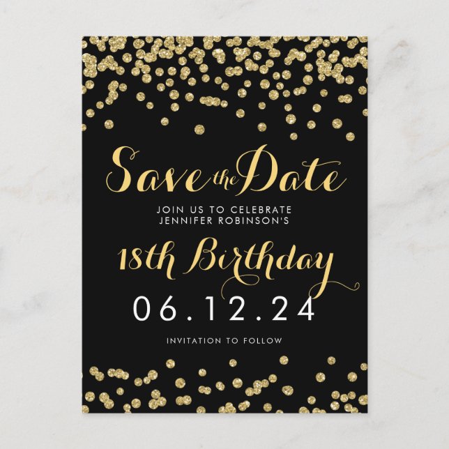 Birthday Save the Date Gold Glitzer Confetti Black Ankündigungspostkarte (Vorderseite)