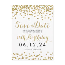 Birthday Save the Date Gold Glitzer Confetti White