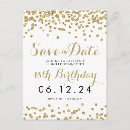 Birthday Save the Date Gold Glitzer Confetti White Ankündigungspostkarte