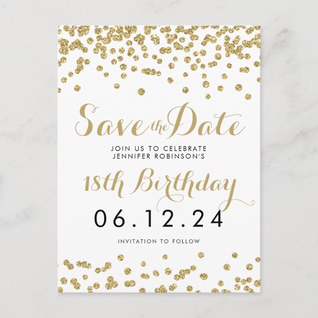 Birthday Save the Date Gold Glitzer Confetti White Ankündigungspostkarte (Vorderseite)