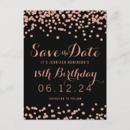 Birthday Save the Date Rose Gold Glitzer Confetti Ankündigungspostkarte