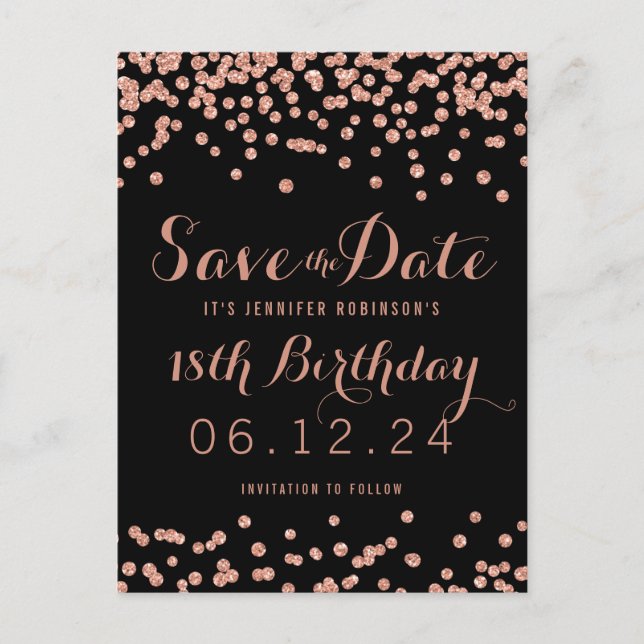 Birthday Save the Date Rose Gold Glitzer Confetti Ankündigungspostkarte (Vorderseite)