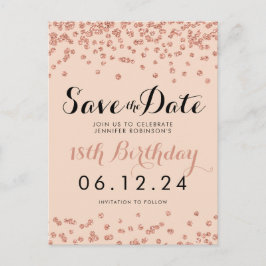 Birthday Save the Date Rose Gold Glitzer Confetti Ankündigungspostkarte