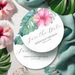 Birthday Save The Date Tropical Theme Runder Pappuntersetzer<br><div class="desc">Set the tone for your milestone celebration with these elegant birthday save the date coaster cards. Featuring a stunning top border of watercolor tropical flowers and monstera palm leaves, this design exudes a vibrant yet sophisticated tropical vibe, perfect for birthdays of all ages. The words "Save the Date" are typeset...</div>