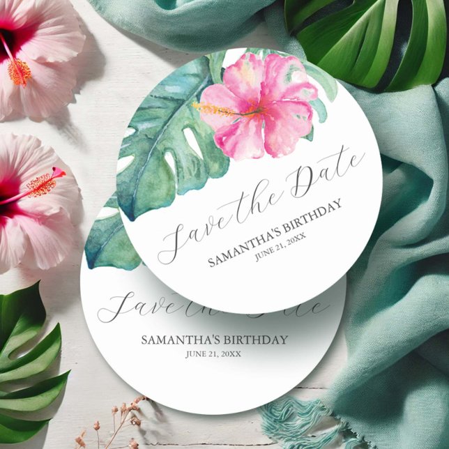 Birthday Save The Date Tropical Theme Runder Pappuntersetzer (Tropical Birthday decor watercolor flowers and palm leaves by Victoria Grigaliunas Do Tell A Belle)
