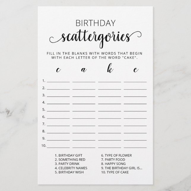 Birthday Scattergories-Spiel (Vorderseite)