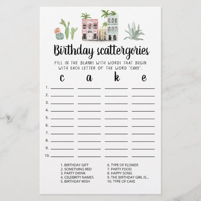 Birthday Scattergories-Spiel (Vorderseite)