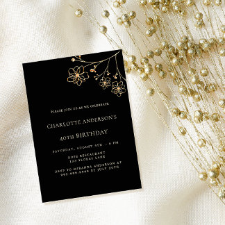 Birthday schwarzes Gold florale minimalistischer L Einladung