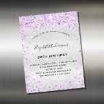Birthday Silber lila Glitzer Einladungsmagnet Magnetkarte<br><div class="desc">Für einen eleganten 50. Geburtstag (oder jedes Alter). Ein Imitat silber aussehender Hintergrund. Dekoriert mit lila Imitaten Glitzer Glitzern. Personalisieren und fügen Sie Namen,  Alter und Party Details hinzu. Der Name wird mit einem handgeschriebenen Stilskript geschrieben</div>