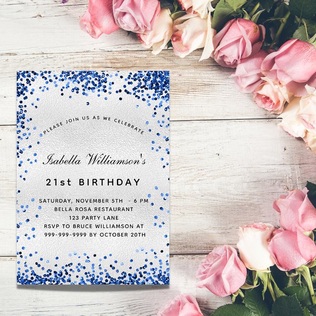 Birthday Silber Marine blauen Konfetti Einladung (Von Creator hochgeladen)