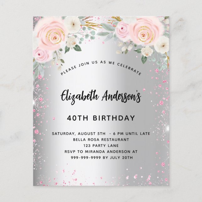 Birthday silber pink floralen Glitzer Einladung Flyer (Vorne)