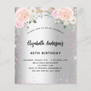 Birthday silber pink floralen Glitzer Einladung Flyer