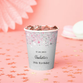 Birthday silber pink Glitzer Name Party Pappbecher