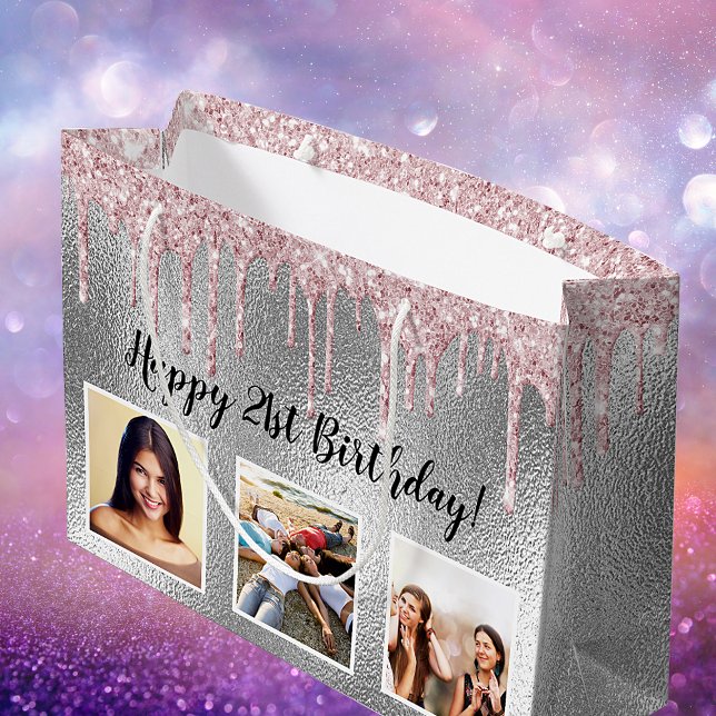 Birthday silber pink Glitzer Tropfen Custom Foto Große Geschenktüte (Von Creator hochgeladen)