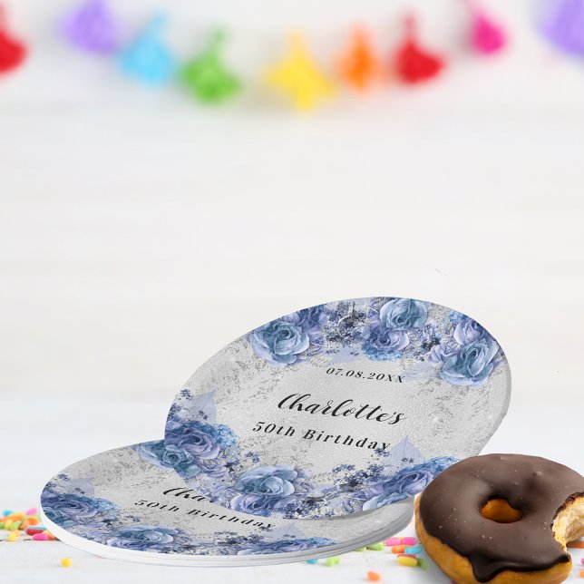 Birthday silberblauen Blumen Pappteller (Von Creator hochgeladen)