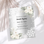 Birthday silberne weiße Blumen Diamanten Einladung<br><div class="desc">Für eine elegante 60. Geburtstagsfeier (oder jedes Alter). Ein silberfarbener Hintergrund mit weißen Blumen,  Rose,  Imitaten,  Diamanten und weißer Spitze. Personalisieren Sie Ihren Namen und Ihre Party-Daten und fügen Sie diese hinzu. 1 Blatt = 1 Einladung mit Druckkante bis Kante.</div>